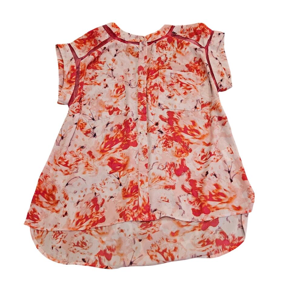 Attention Womens L/G Floral Blouse Pink Orange Sheer Button Front Hi Low Top